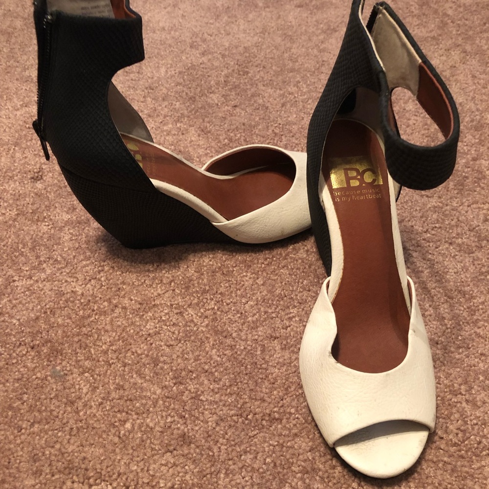 Cream and black leather wedges